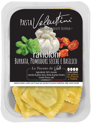 Ravioloni burrata, pomodori secchi e basilico