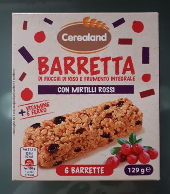 Barretta di fiocchi di riso e frumento integrali con mirtilli rossi