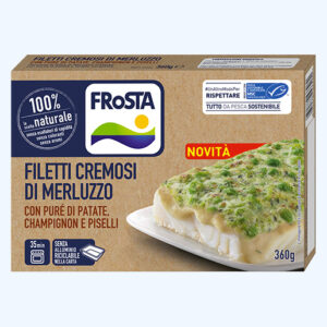 Filetti cremosi di merluzzo con purè di patate champinion e piselli